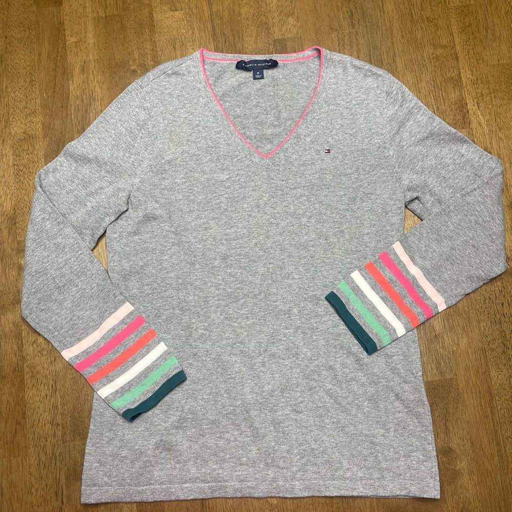 Tommy Hilfiger Gray Sweater with Multicolor Stripes